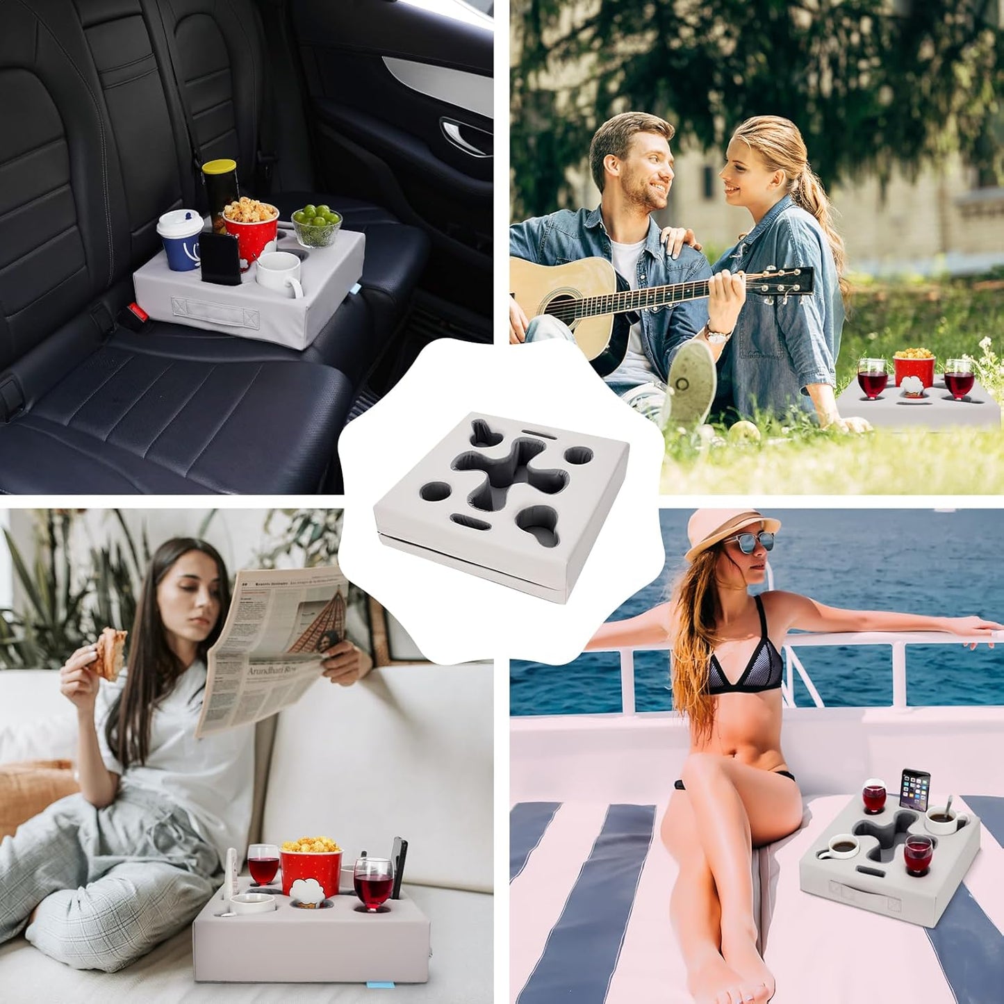 Couch Cup Holder Pillow-Sofa Cup Holder for Bed, Rv, Tv, Car, Man Cave, Backseat | Remote, Drinks, Snacks Tray Caddy Cupholder (PULightGrey)