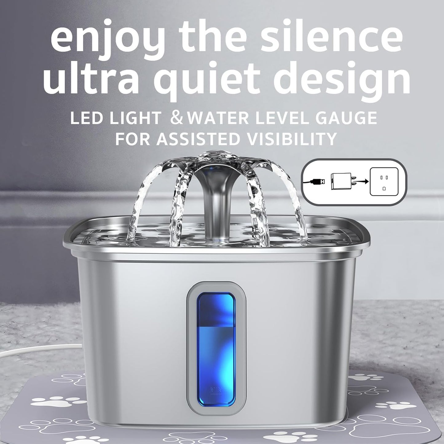 Veken Innovation Award Winner Stainless Steel Cat Water Fountain, 108oz/3.2L Automatic Pet Fountain Dog Water Dispenser with 3 Replacement Filters & Silicone Mat for Cats, Dogs, Multiple Pets (Silver)