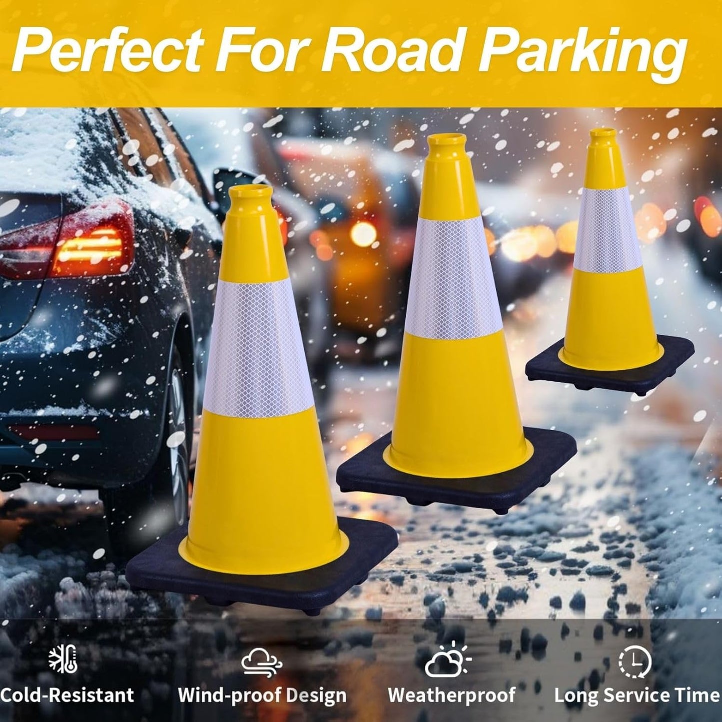 BESEA 4Pack 18 Inch Yellow Traffic Cones with 6 Inch Reflective Collar, Heavy Duty PVC Safety Cones with 10.5 x 10.5 Inch Base for Parking, Driving Practice, Sports Training, and Construction