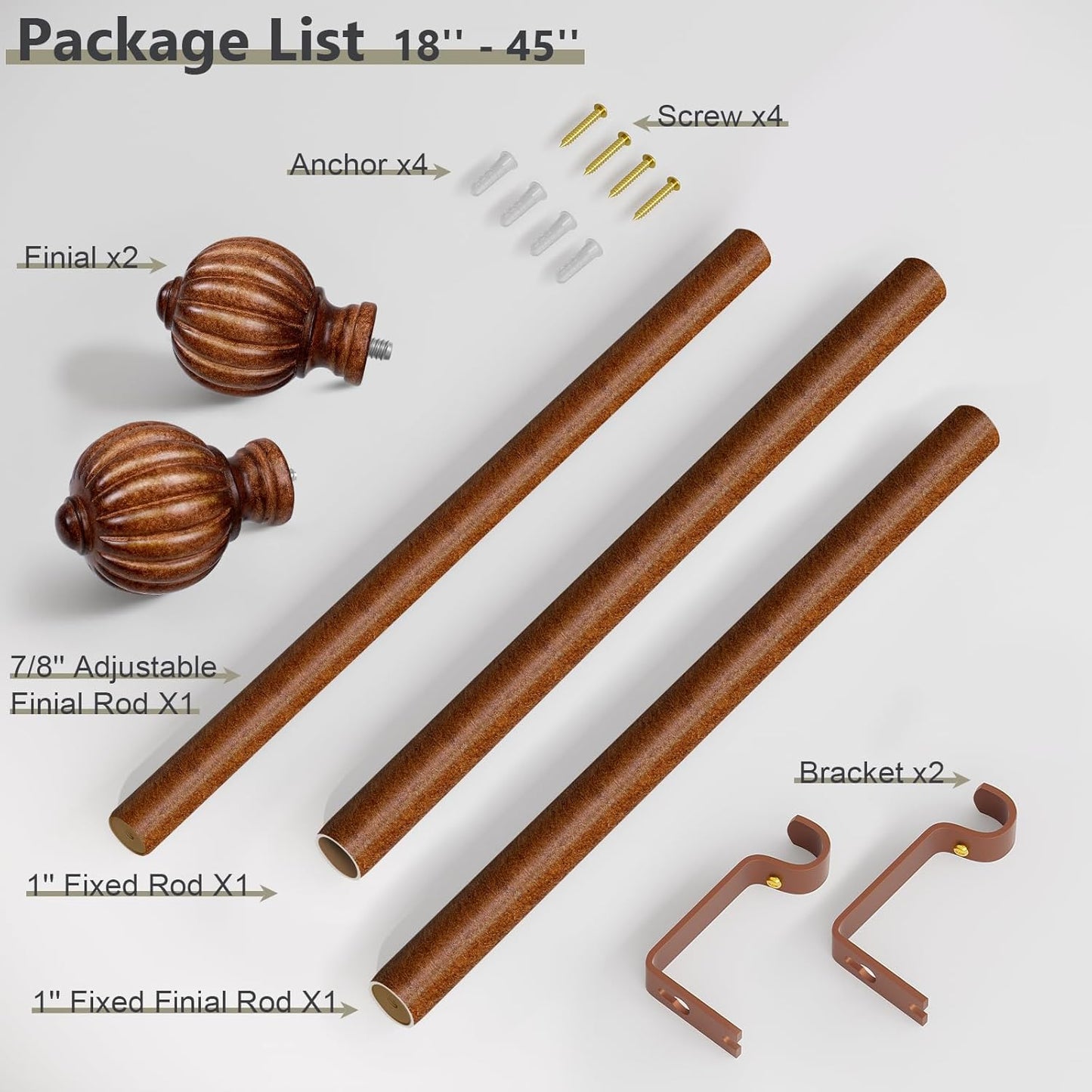Dark Brown Wood Curtain Rods for Windows 28 to 48 Inch, 1'' Adjustable Heavy Duty Curtain Rod，Vintage Imitation Wood Decorative Drapery Rods with Pumpkin Finials for Bedroom Living Room