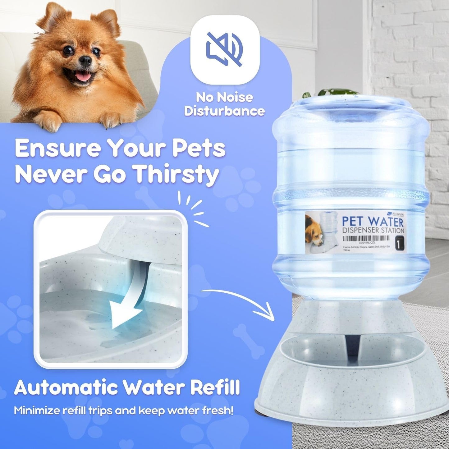 Flexzion Automatic Pet Feeder & Waterer Set of 2 Pack, Self Feeding Replenish Dog Cat Bowls, Gravity Food & Water Storage Container Fountain Jug Pet Supplies Plastic Skid Proof Rubber Feet (1 Gallon)