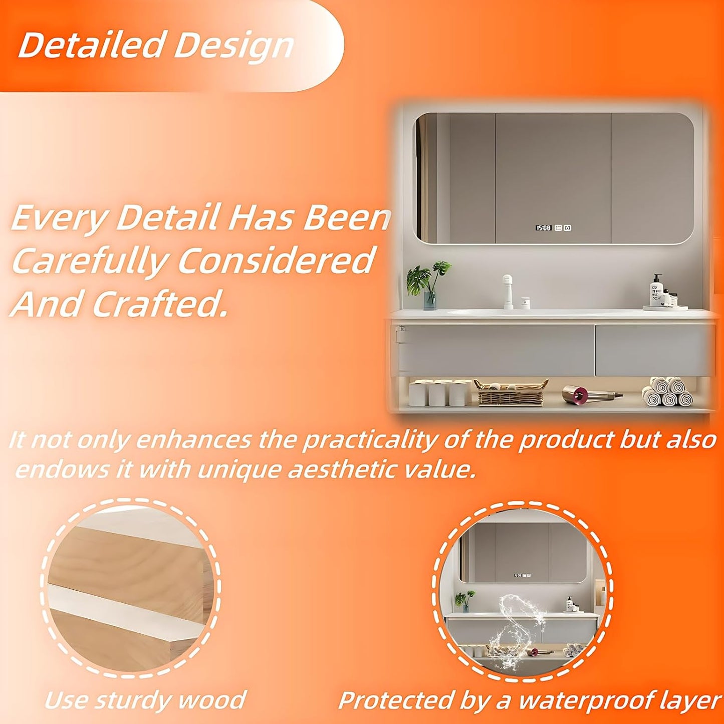60IN Grey Bathroom Vanity Set - Floating Bathroom Vanity with Single Sink | Including LED Smart Defogging Mirror Cabinet & Time Display Function, Equipped with Motion Sensing Light Strip (Style B)