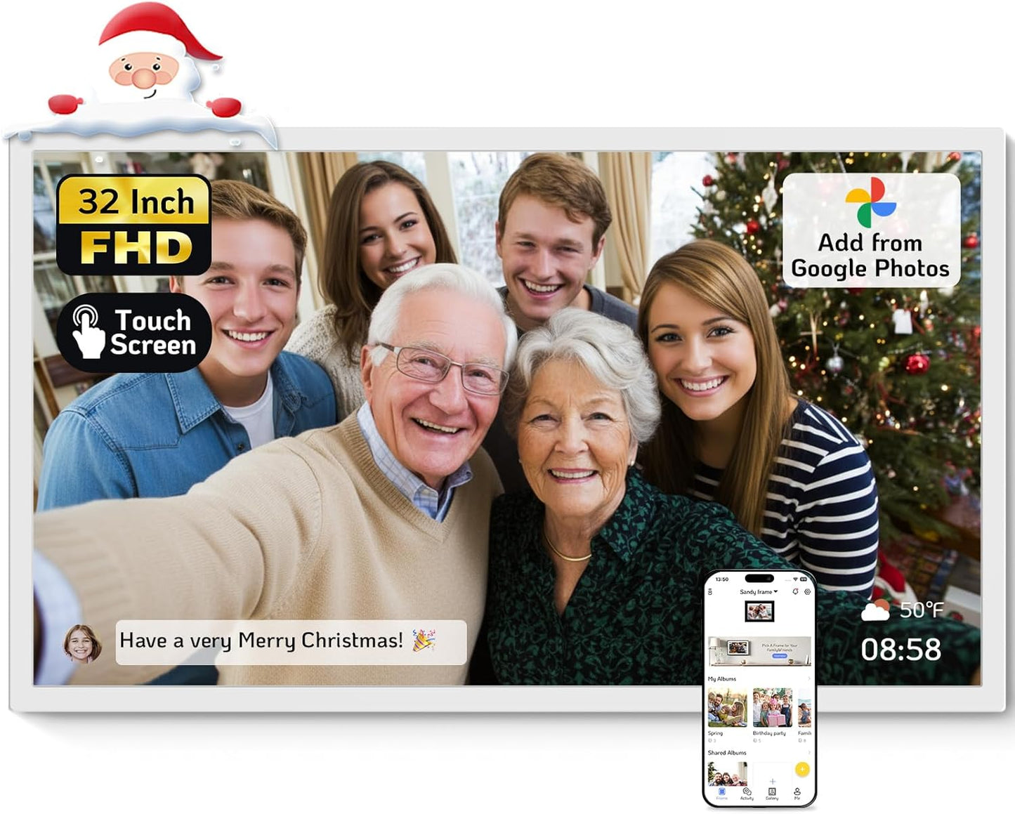 NexFoto 32 Inch Touchscreen Large Digital Picture Frame, 64GB WiFi Electronic Photo Frame, Add Photos from Google Photos, Easy to Share Videos, Gifts for Christmas/Mom/Grandparents, White