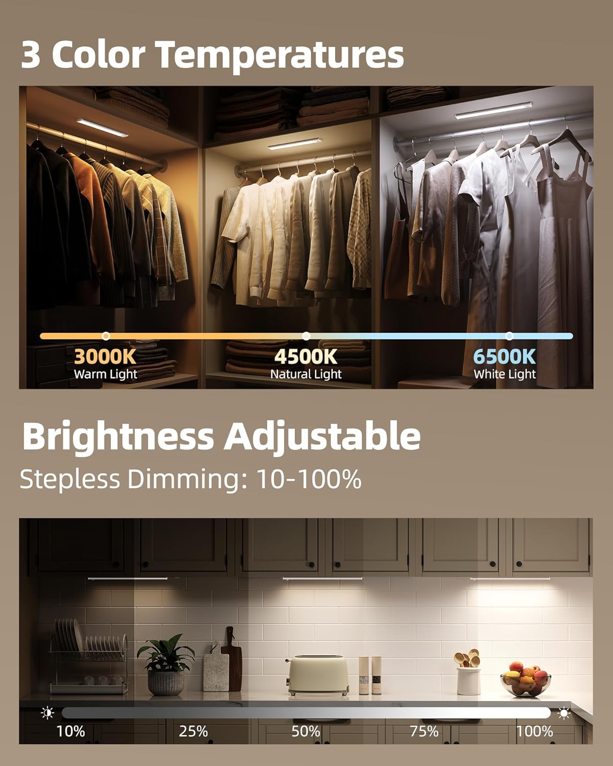 Under Cabinet Lighting Wireless,Rechargeable Battery Motion Sensor Light Indoor,LED Closet Lights USB Charging,3 Color Dimmable Under Cabinet Lights for Kitchen, Cabinet, Wardrobe (3 Pcs) 16inch