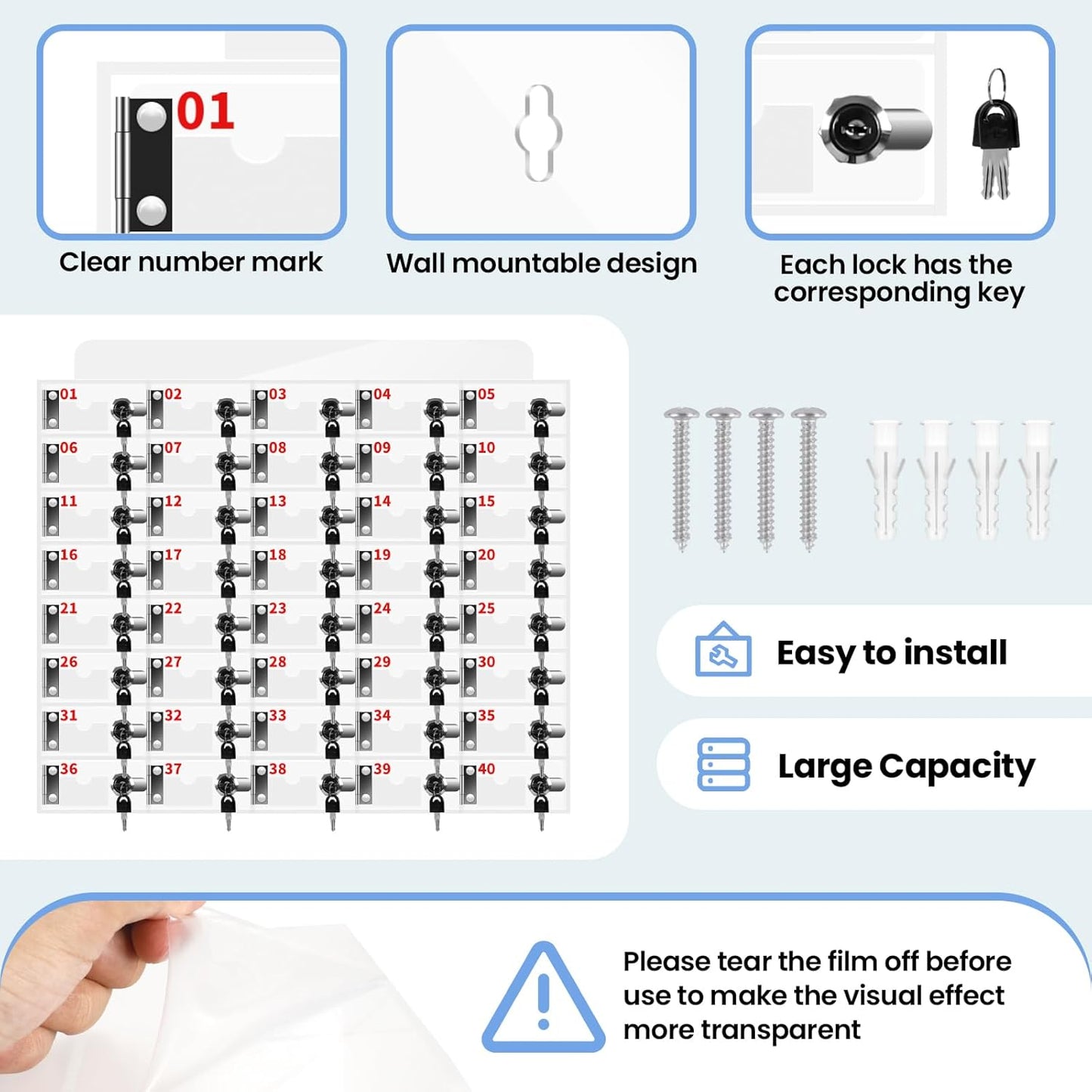 Cell Phone Storage Locker 40 Slots Acrylic Material with Door Locks and Keys, Wall-Mounted Cell Phone Storage Cabinet for Office Classroom Gym Firms, Lockers for Storage, Clear (40 Slots)