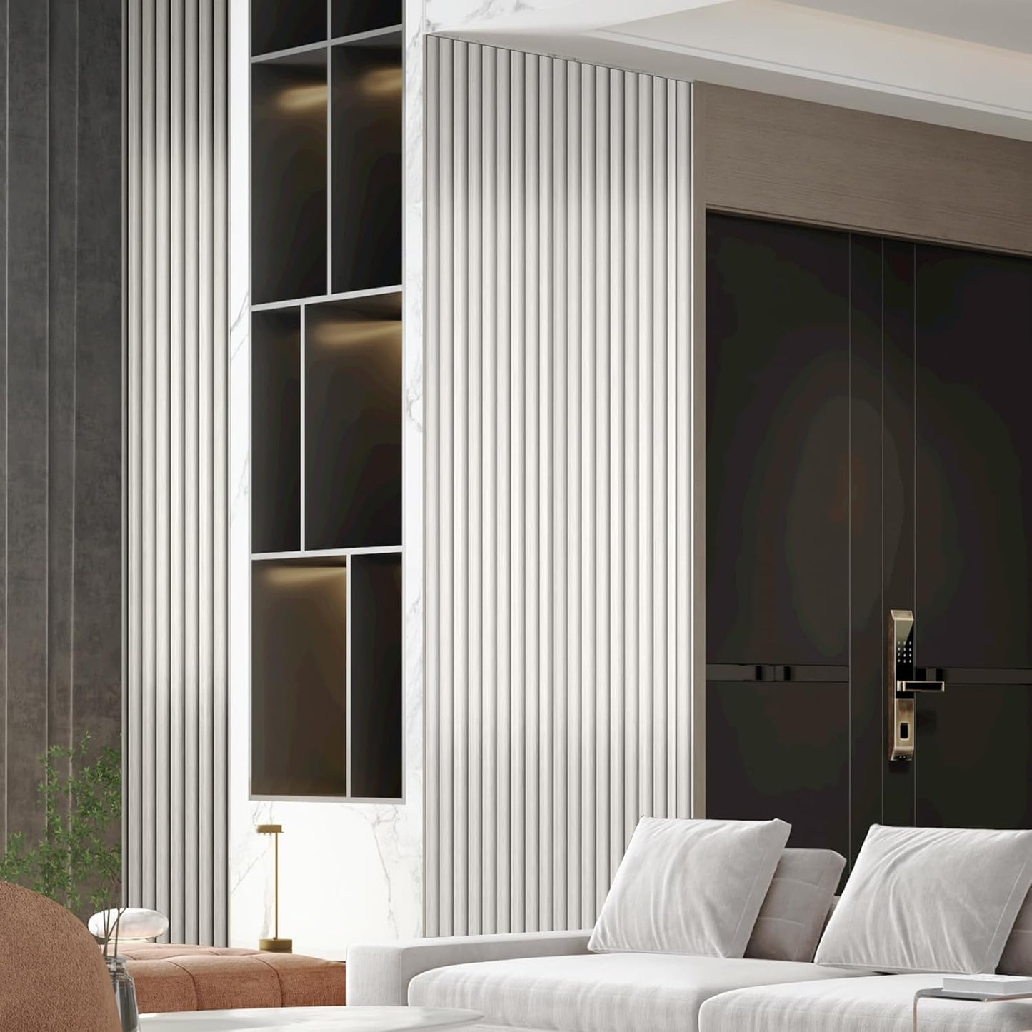 OUZUGIE WPC Acoustic Slat Wall Paneling, 8-Pack 114 x 6 Inches 3D Wall Panels for Interior Wall Decor,Living Room,TV Background,Study Room,Office Spaces,Bedroom,High Grille (Metallic Silver)