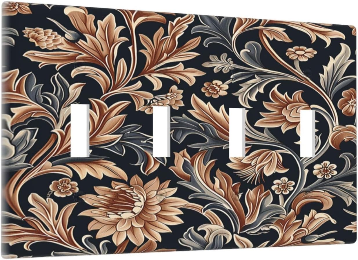 Light Switch Covers Vintage Grey Plant Leaves Brown Flowers Quad Toggle Electrical Faceplate 4 Gang Wall Plate Decorative Switch Plates for Bedroom Home Decor