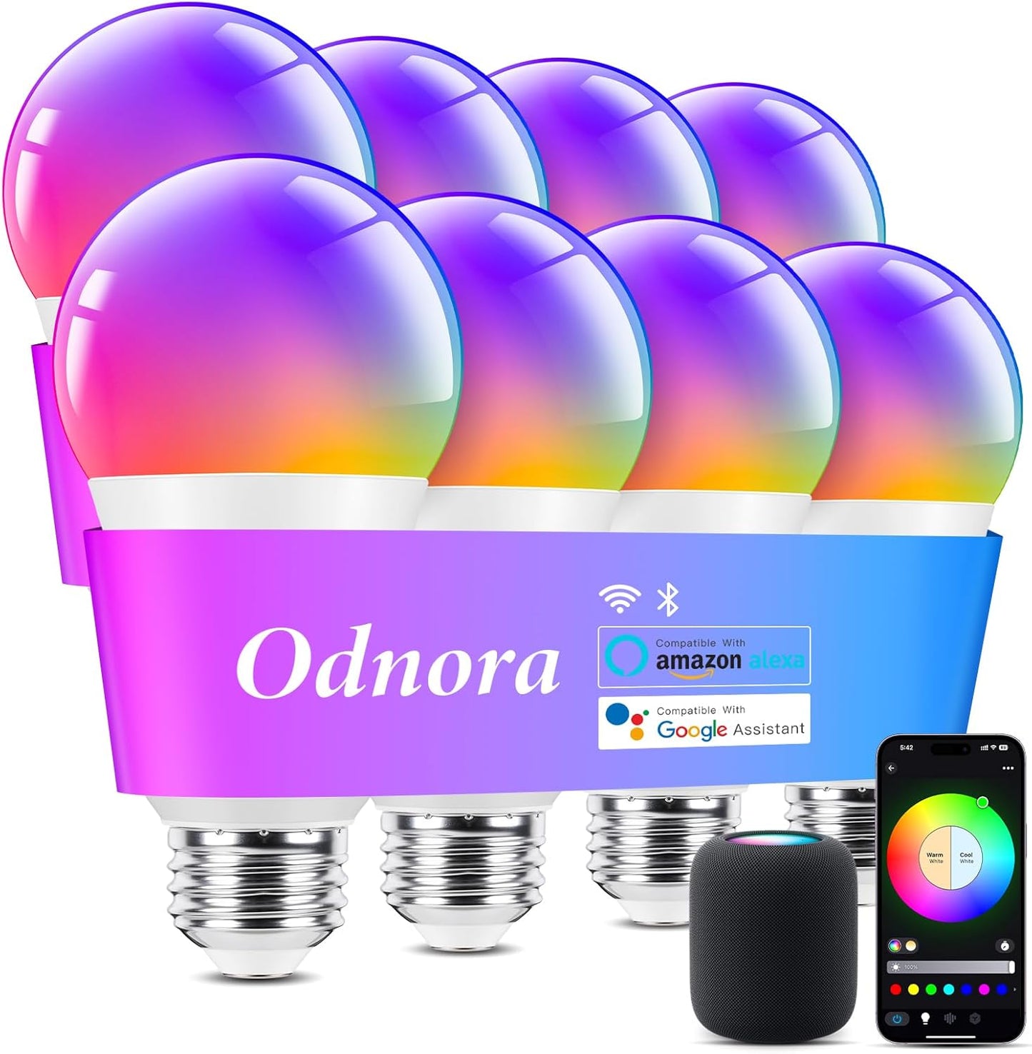 Smart A19 LED Light Bulb, Color Changing Light Bulbs, Compatible with Alexa & Google Assistant, Dimmable RGBTW, 2.4GHz Wi-Fi Bluetooth Bulbs, 9W (60W Equivalent), No Hub Required, 8 Packs