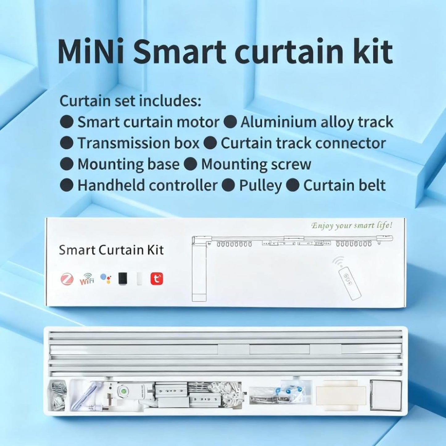 Smart Curtain Track System with Mini Zigbee Motor, Automatic Ceiling Curtain Opener, Motorized Curtains Rod 88.6''(2.2m) with App, Voice, Remote Control, Compatible with Alexa,Google and Siri