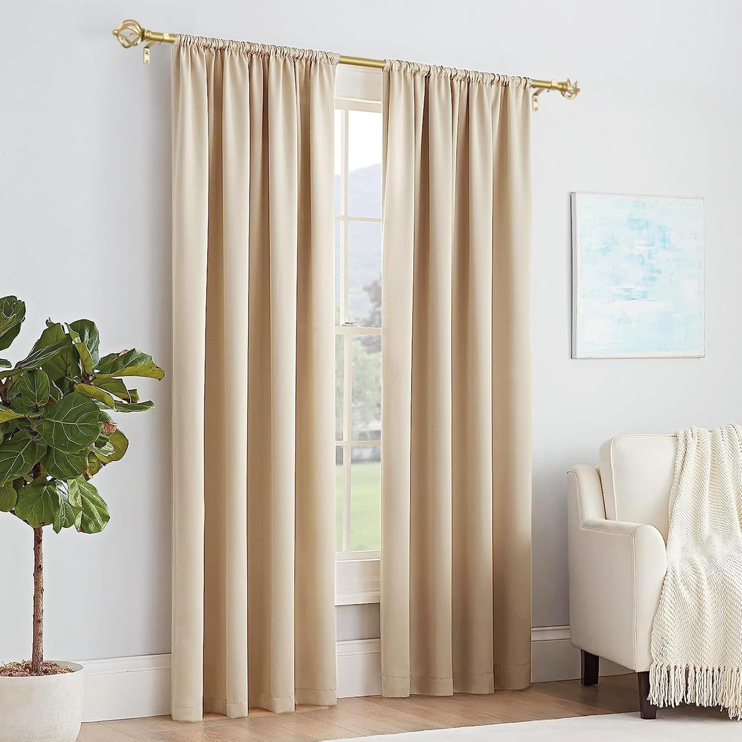 KAMANINA Gold Curtain Rod 32 to 58 Inch(2.6-4.8ft), Adjustable Curtain Rods for Windows 28 to 48 Inch, 3/4 Inch Splicing Drapery Rods with Twisted Cage Finial