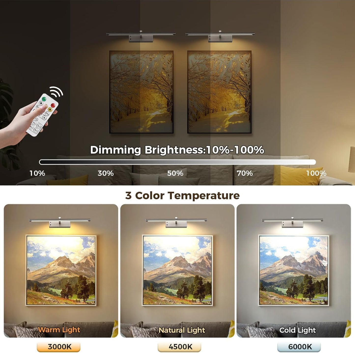 JOOSENLUX Battery Operated Picture Light 3CCT Dimmable Wireless Art Light for Paintings with Adjustable Swing Arm, 16-inch Brushed Nickel Gallery Light for Picture Display
