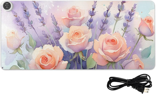 Large Heated Mouse Pad,Leather Desk Mat,31.5"x13",Hand Warmer Pads for Desk,Lavender Rose(Morandi)