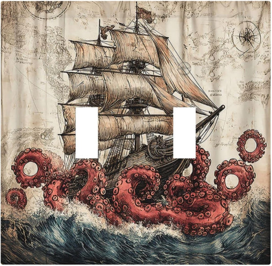 Decorative Switch Plates Vintage Octopus Ocean Sailboat Bizarre Adventure 2 Gang Double Toggle Wall Plate Outlet Light Switch Cover Electrical Faceplate for Bathroom Kids room Decor