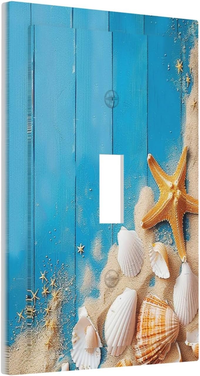 Decorative Light Switch Cover Blue Wood Grain Beach Shell Starfish 1 Gang Single Toggle Device Electrical Faceplate Switchplates Decorator Outlet Wall Plate for Bathroom Farmhouse Decor