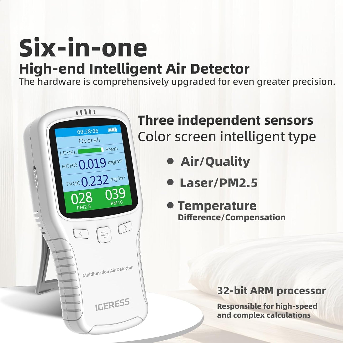 Air Quality Monitor Indoor, 8 in 1 Formaldehyde Detector, voc Meter, Detect Indoor HCHO,TVOC,AQI,PM2.5,PM10,PM1.0,Temperature and Humidity Tester. Colorful LCD Screen & USB Charging (White)