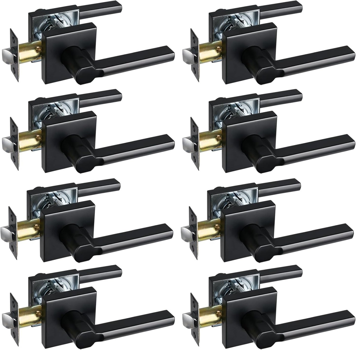 Passage Door Lever (No Lock), Heavy Duty Interior Square Handle for Hallway and Closet, Matte Black, Reversible for Right&Left Handed, 8Packs