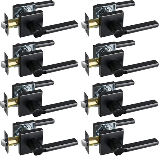 Passage Door Lever (No Lock), Heavy Duty Interior Square Handle for Hallway and Closet, Matte Black, Reversible for Right&Left Handed, 8Packs