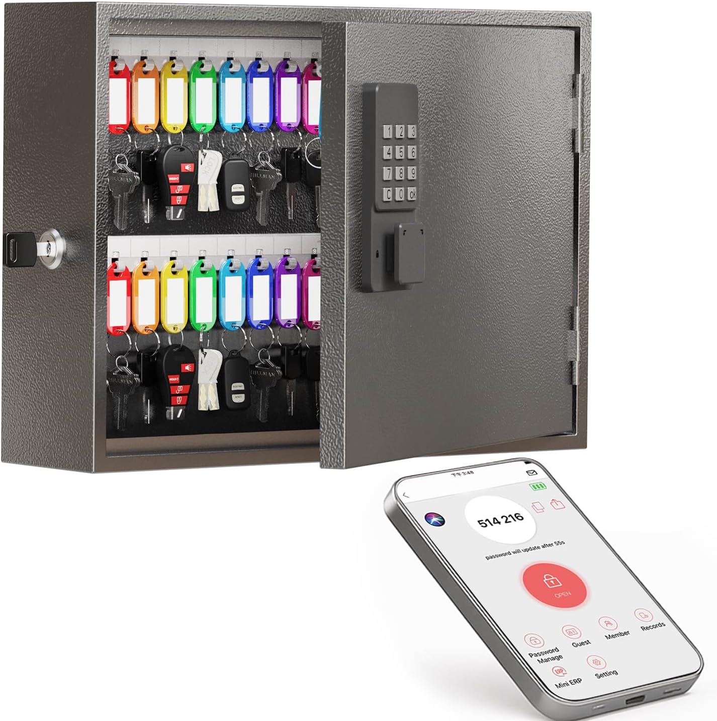 WeHere Smart Key Lock Box, Wall Mounted Key Cabinet with 60 Key Tags, Bluetooth App Control, OTP & Password Unlock, Wi-Fi Remote Unlock (Bridge Required), Steel Key Safe for Office Home Business