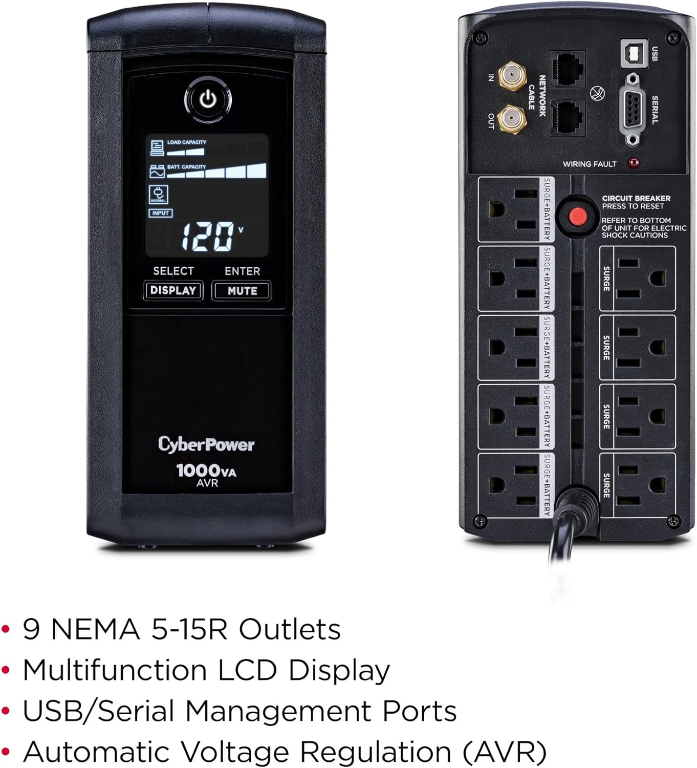 CyberPower CP1000AVRLCD Intelligent LCD UPS Battery Backup and Surge Protector, 1000VA/600W, 9 Outlets, AVR, Mini-Tower, UL Certified