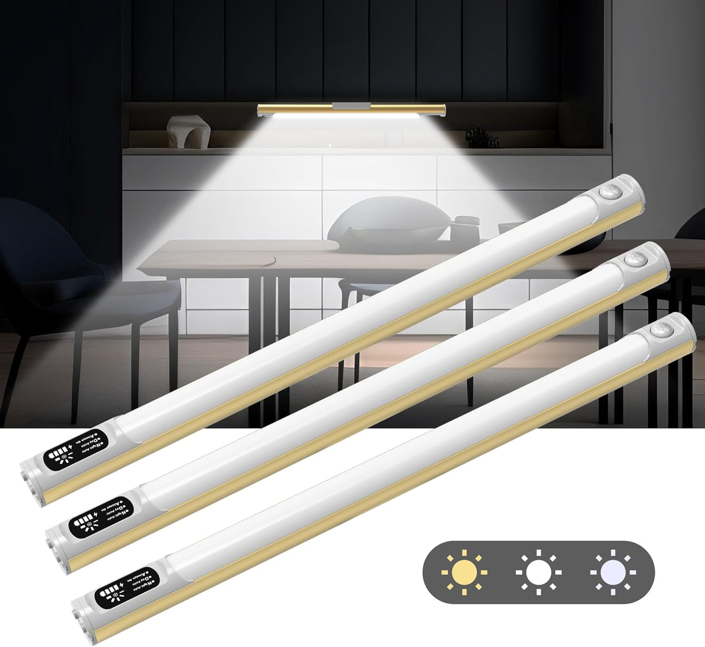 64 LED Under Cabinet Lights, 3 Color Dimmable Motion Sensor Indoor Closet Lights, 3600mAh Rechargeable Under Counter Light for Kitchen, 14 Inch Wireless Battery Operated Night Lighting
