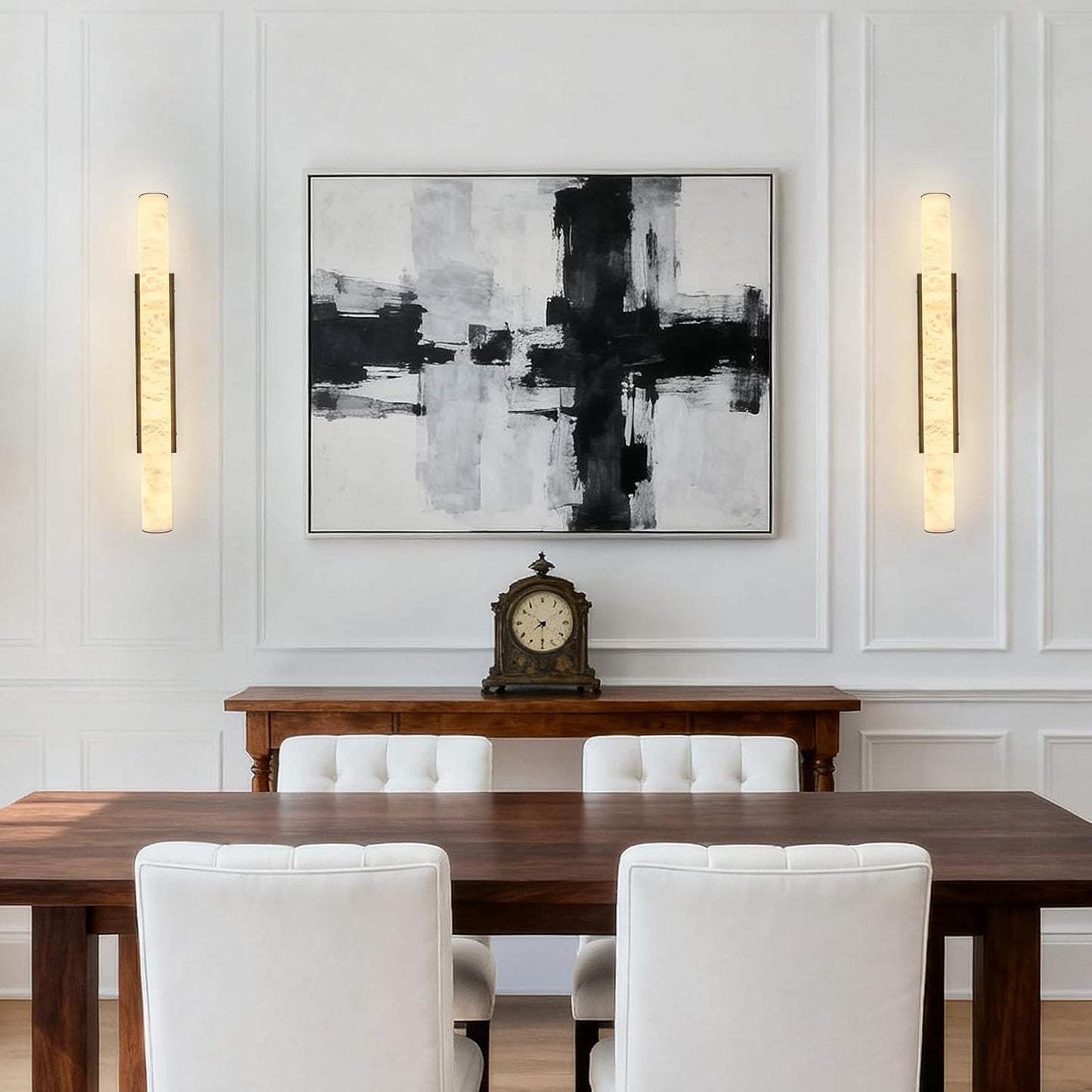 LMQNINE Natural Alabaster Wall Sconces Spanish Marble Wall Light Cylinder Modern Black LED Sconce for Living Room Bedroom Bathroom Stairs（L-1Pack）