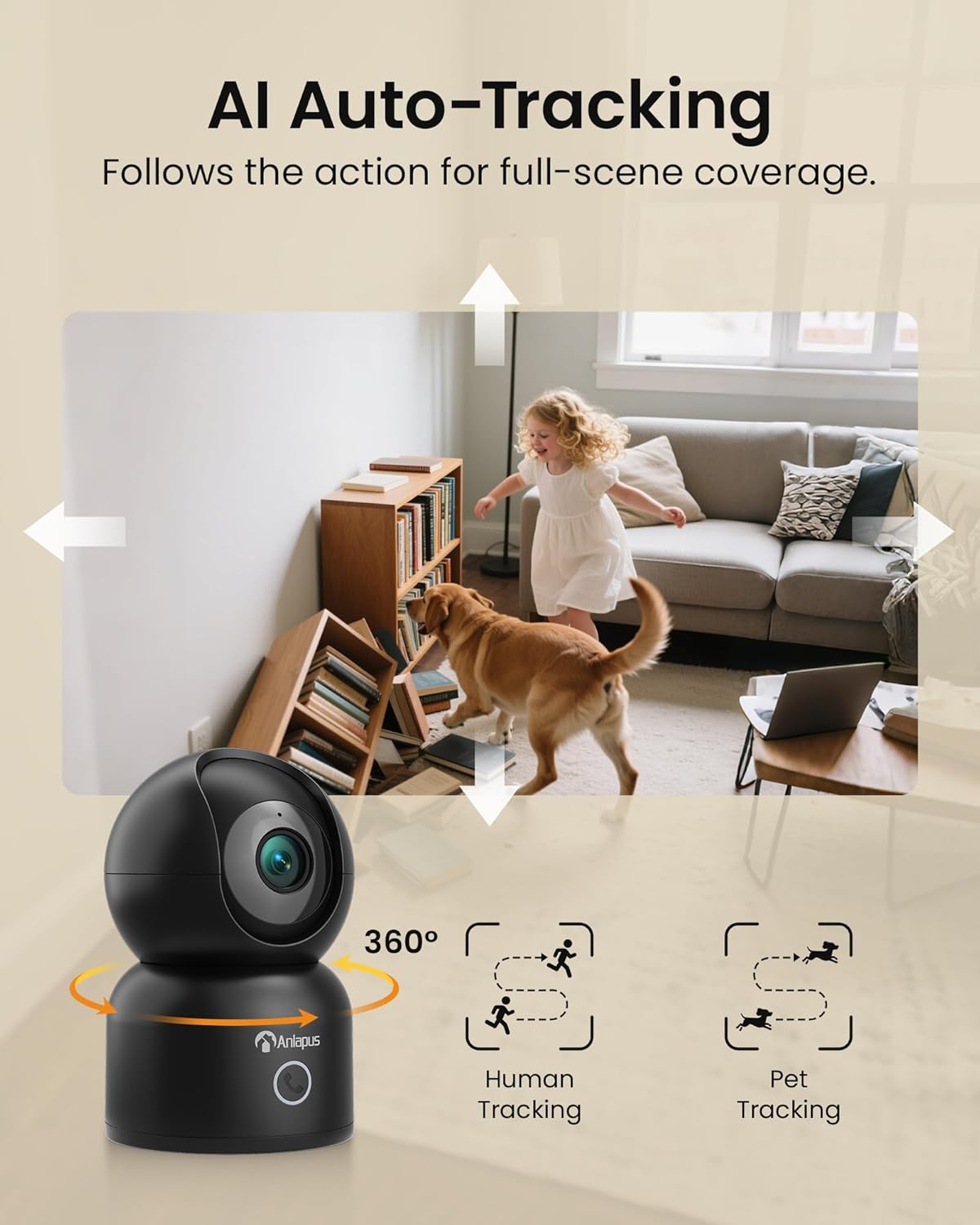 Anlapus C518 4K Pan/Tilt Home Indoor Security Camera, Plug-in WiFi Pet/Baby Monitor with One-Touch Call, AI Human/Pet/Face Tracking, 2.4/5 GHz, Two-Way Talk, Night Vision, 64G Memory Card Storage