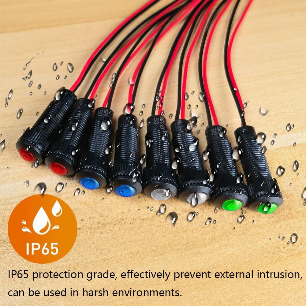 8pcs Red/Blue/Green/White LED Indicator Pilot Light AC/DC 12-24V Mounting Hole Size 8mm(Flame Retardant Plastic Shell)