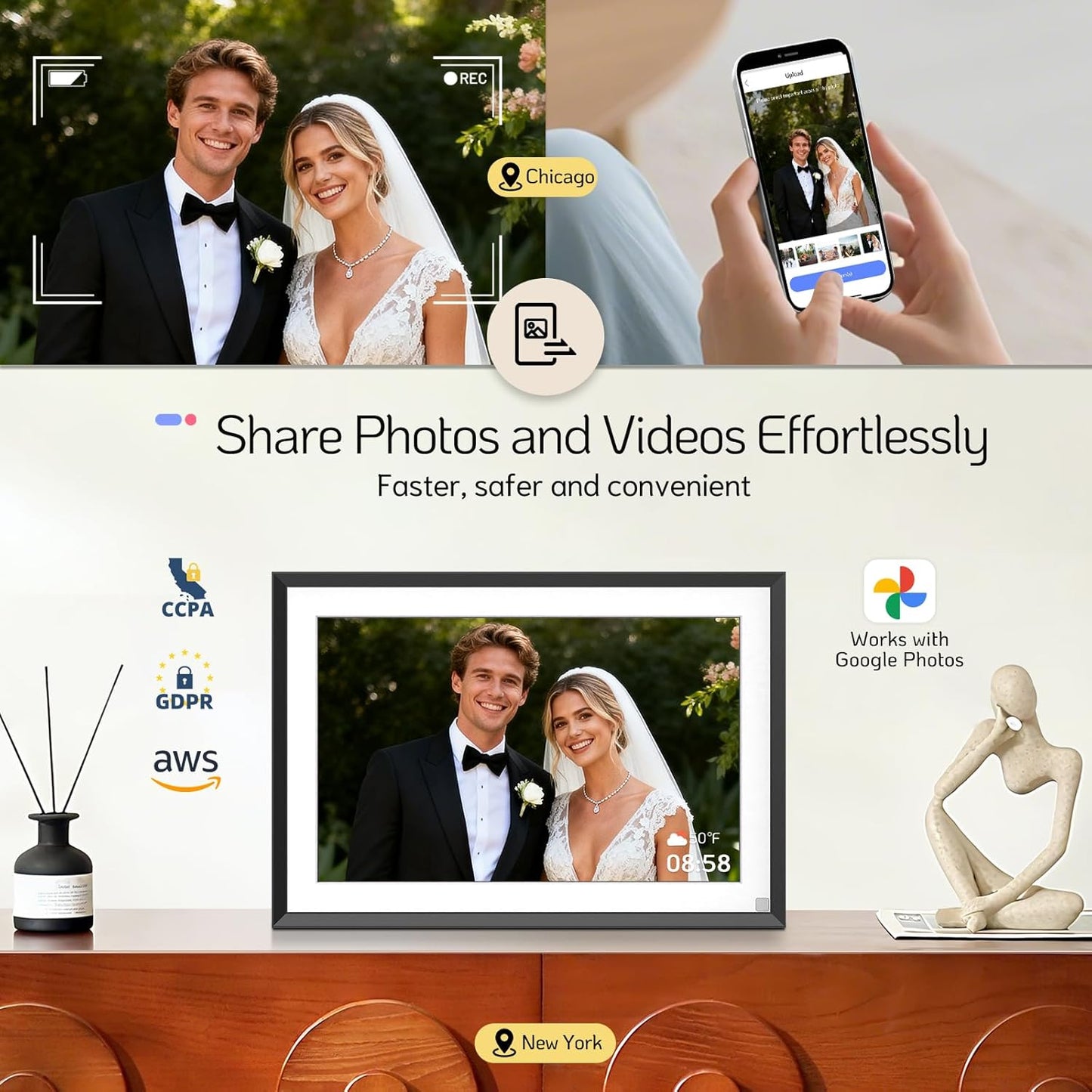 NexFoto 10.1” Digital Picture Frame 64GB, HD Touchscreen WiFi Electronic Photo Frame, Share Photos/Videos via APP/USB, Add Pics from Google Photos, Unboxing Gift Mode, for Christmas/Mom, Black