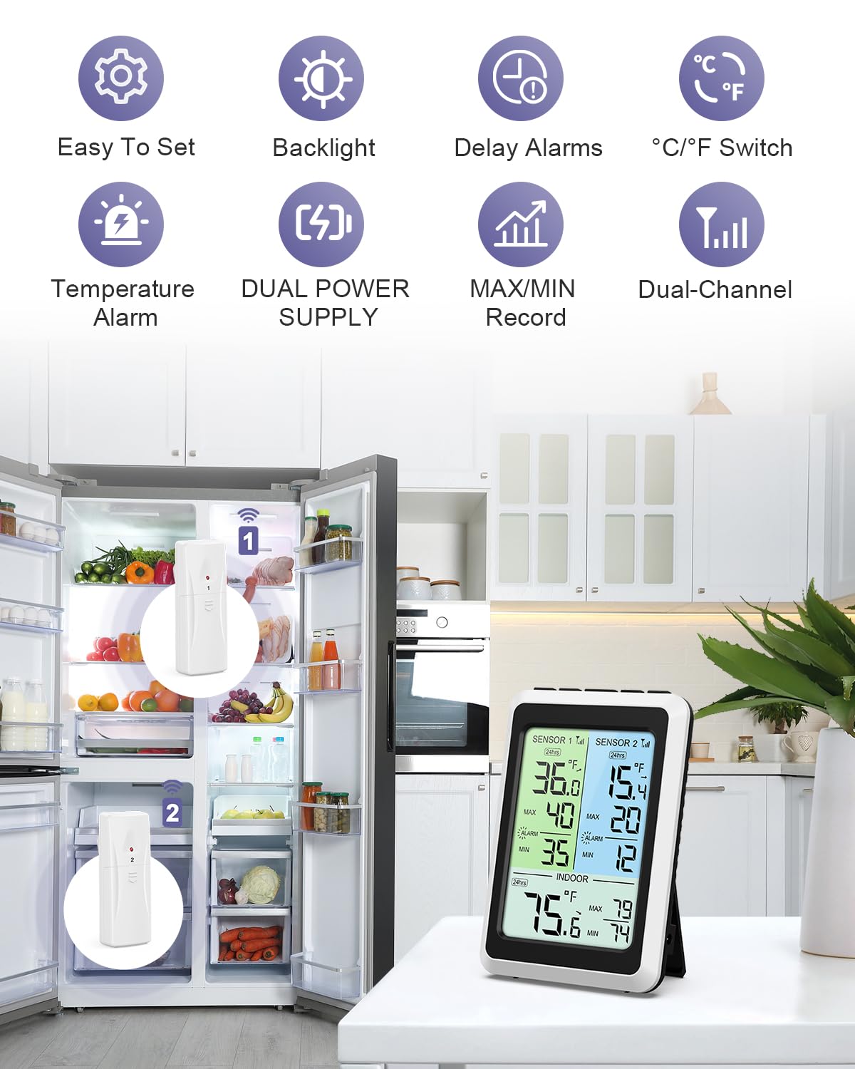 Refrigerator Thermometer with Alarm - 4.5 inch Wireless Fridge Thermometer with 2-Level Backlight, 2 Sensors, Digital Freezer Thermometers with Max/Min Records, for Homes Restaurants Cellars