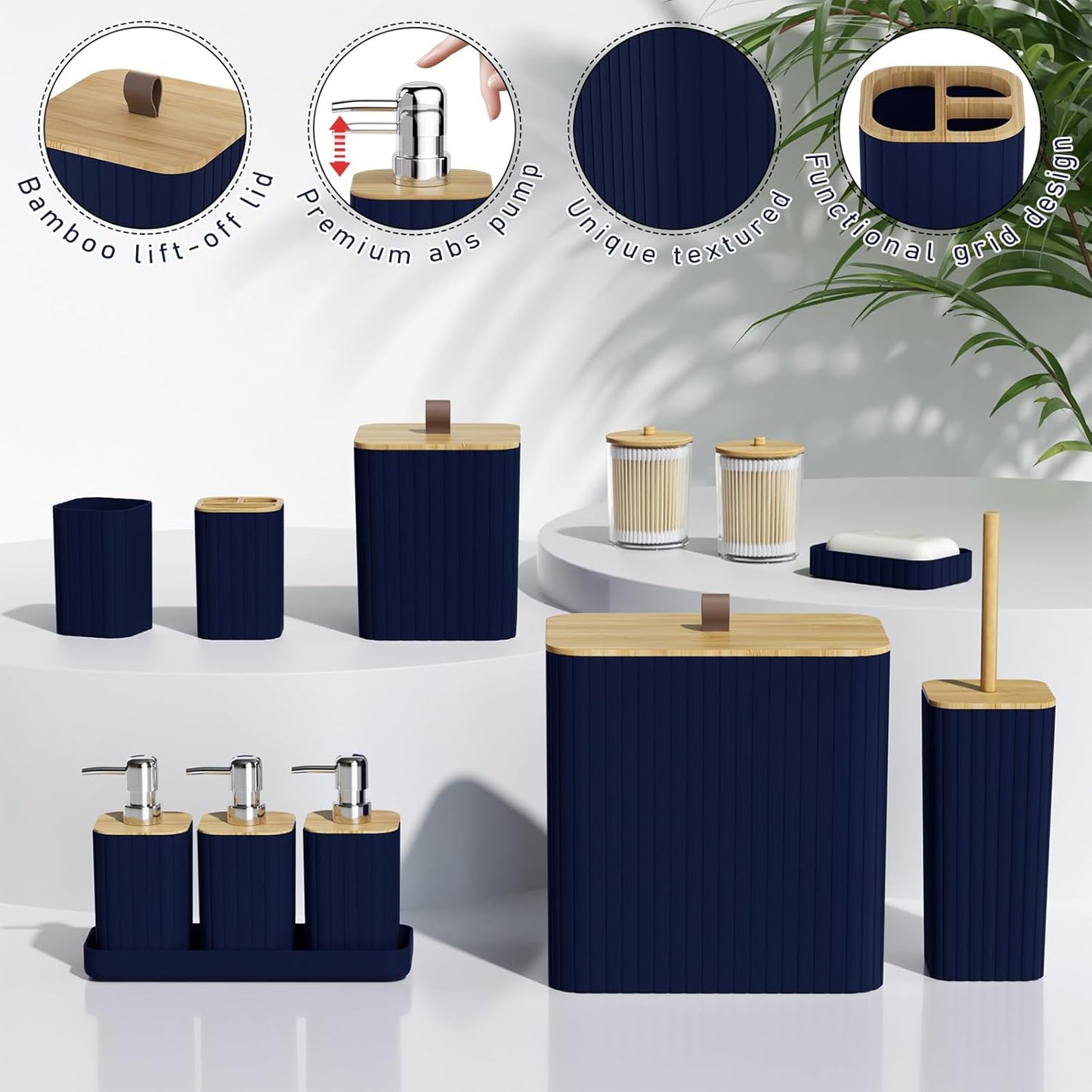 Bathroom Accessory Set - Navy Blue Bathroom Set, 27PC Bathroom Accessories Set, Bathroom Sets with Shower Curtain and Rugs, Mini Trash Can, Toilet Brush, Trash Can & Soap Dispenser
