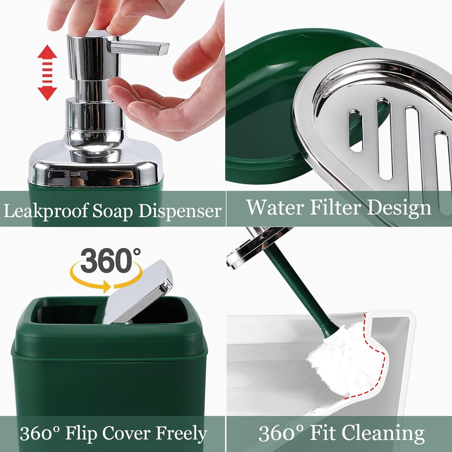 Bathroom Set - Dark Green Bathroom Accessories Set, Bathroom Sets with Shower Curtain and Rugs, Green Shower Curtain Set with Bathroom Trash Can, Soap Dispenser, Soap Dish for Home Decor