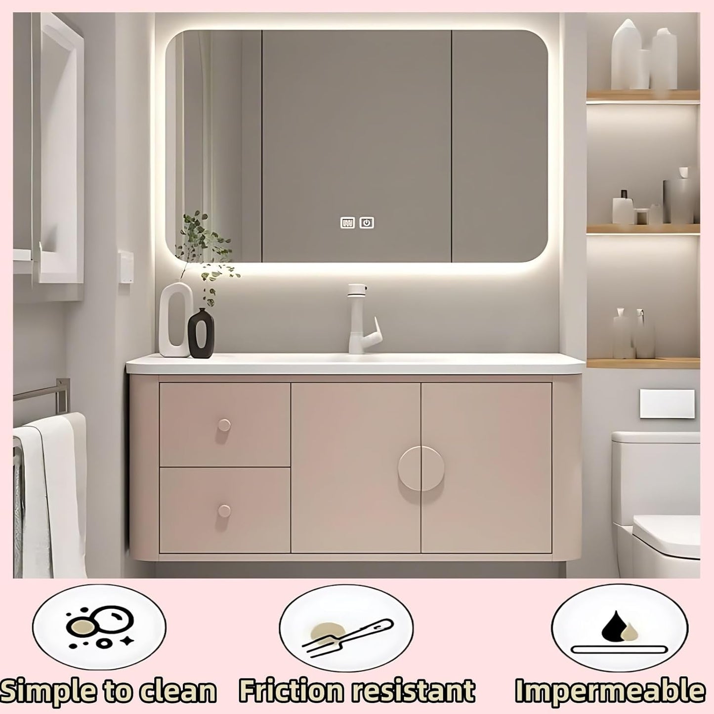 36IN Pink Modern Bathroom Vanity - Bathroom Vanities Set with 2 Drawers Wall Mounted | Rounded Corner Smart Defogging Mirror Cabinet with Lighting & Time Display, Side Opening Storage Shelf (Style B)