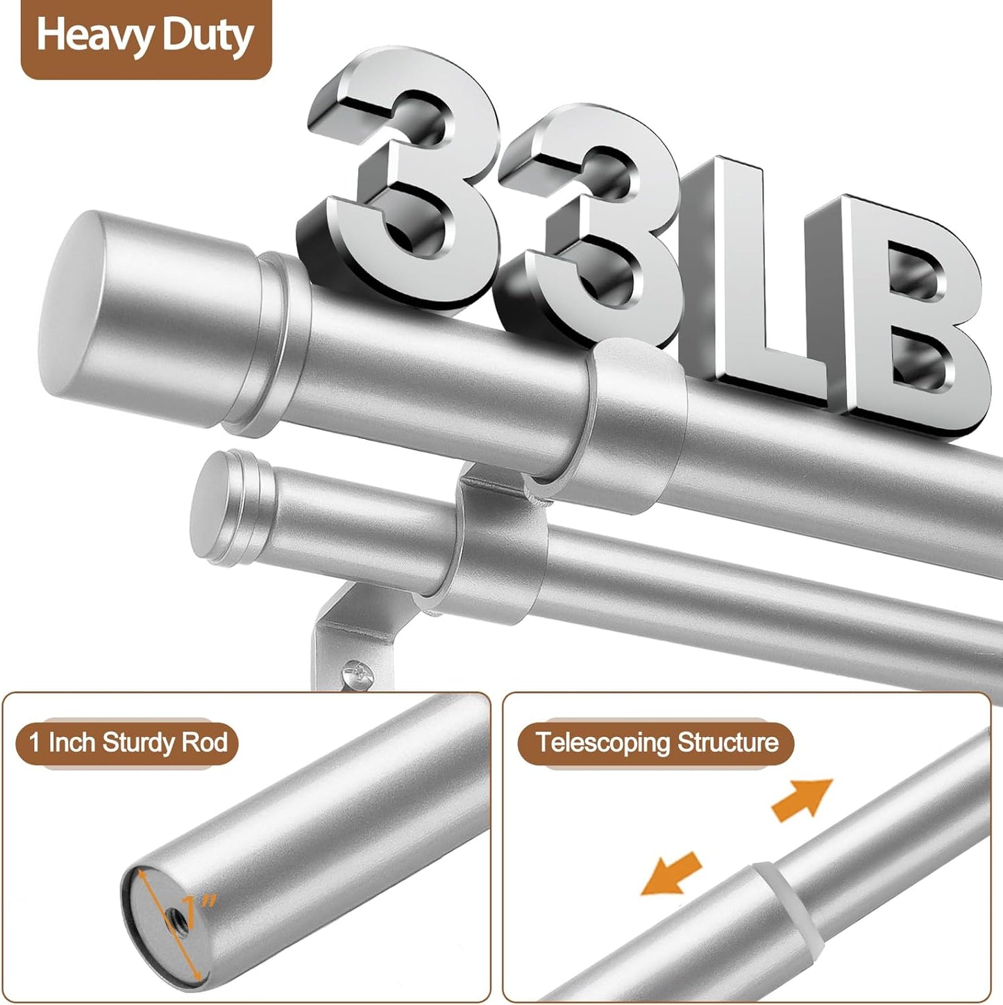 Double Curtain Rod 72 to 144 Inch, HOTOZON 1 Inch Heavy Duty Curtain Rods for Windows, Telescoping Double Drapery Rod with Simple Cap Finials, Silver