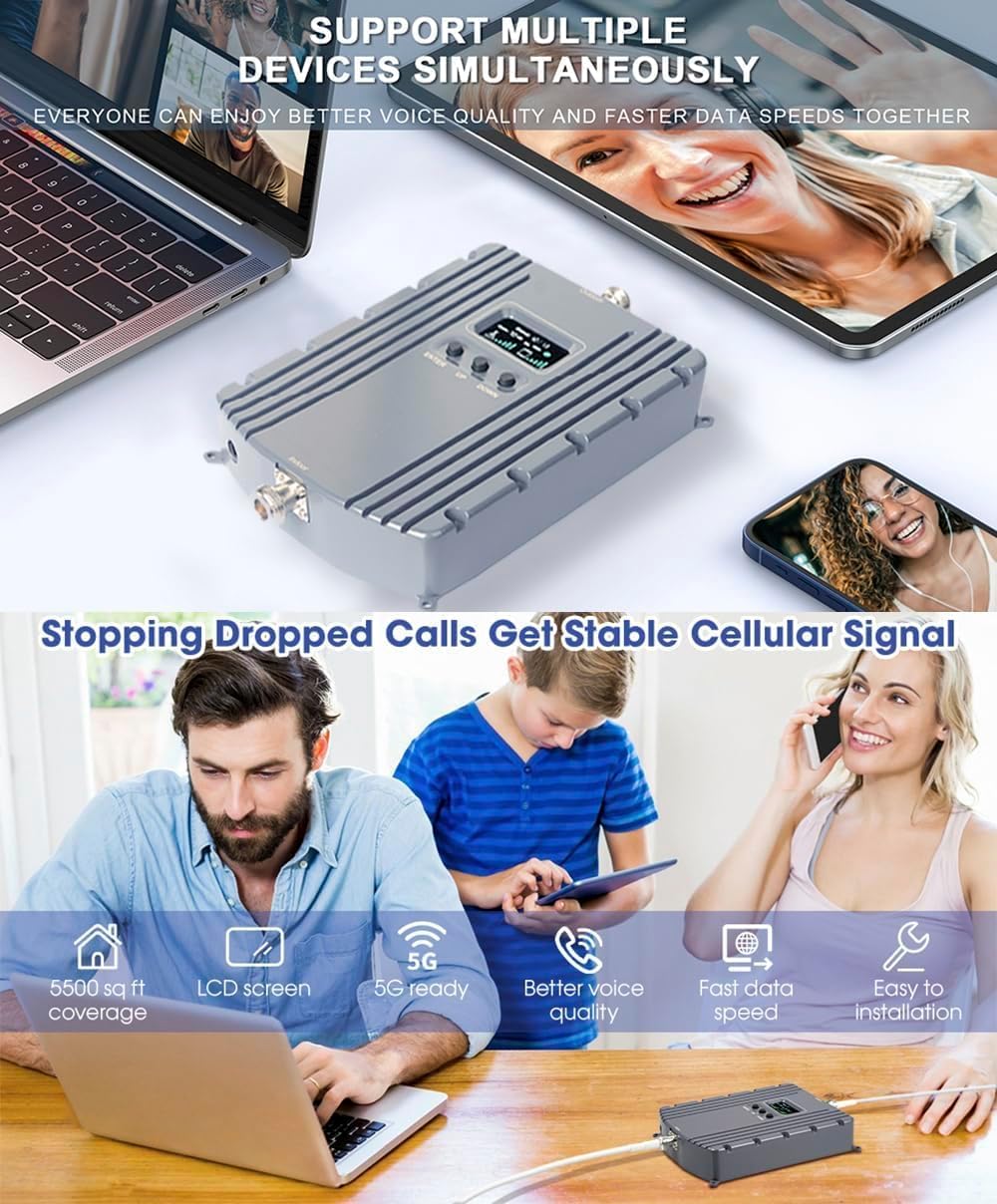 Cell Phone Booster for Home & Office,Up to 5500Sq Ft,Cell Phone Signal Booster for Band 2/25 / 4/66 / 5/12 / 17/13 with All U.S. Carriers,Boosts 5G 4G LTE, FCC Approved Cell Booster