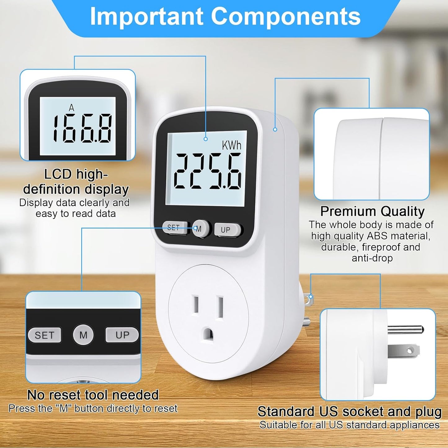 Upgraded Watt Meter Power Meter Plug Home Energy Monitor Electricity Usage Monitor, Electrical Usage Monitor, Energy Voltage Amps Meter Tester with Backlight, Overload Protection, 8 Display Modes