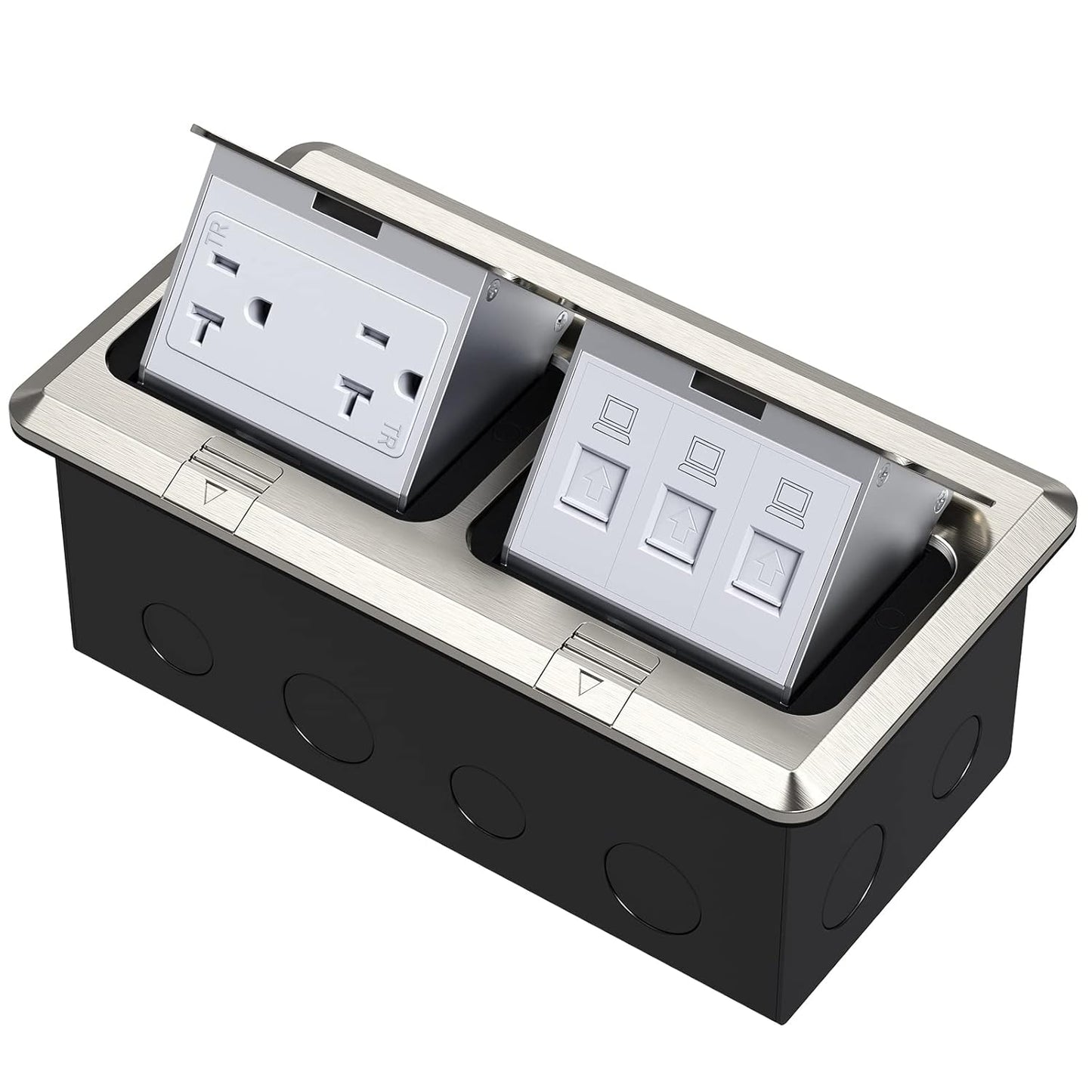 KYHSHJ Dual Pop-Up Floor Electrical Outlet Box Kit，20 Amp Stainless Steel TR Tamper-Resistant Duplex Receptacle Outlet，3-Port RJ45 Datacom Receptacle，ETL Listed,Stainless Steel Color