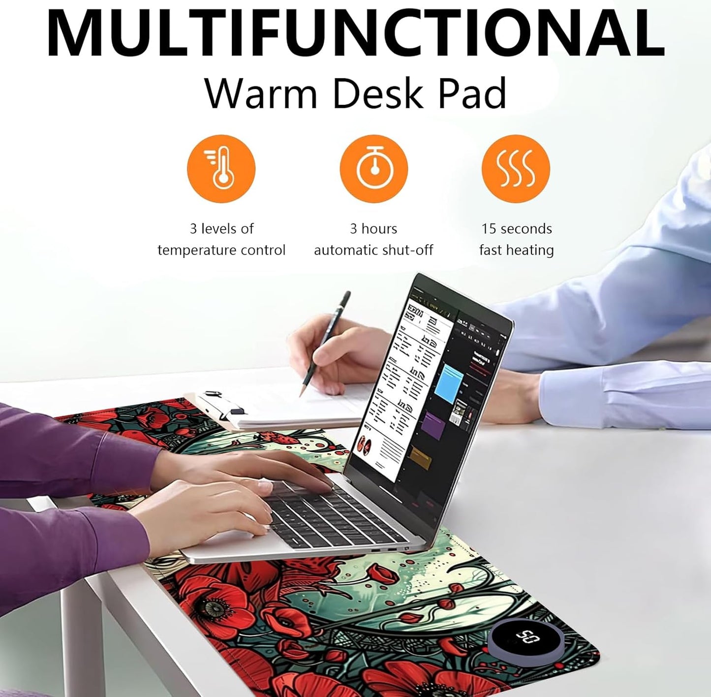Heated Mouse Pad with 3 Levels Heated & 3 Hours Auto Shut-Off Mouse Pad for Warming Hands in Office Home, 23.6" x 14.2"Large Safe Desk Mat Hand Warmer，Girl White Fox