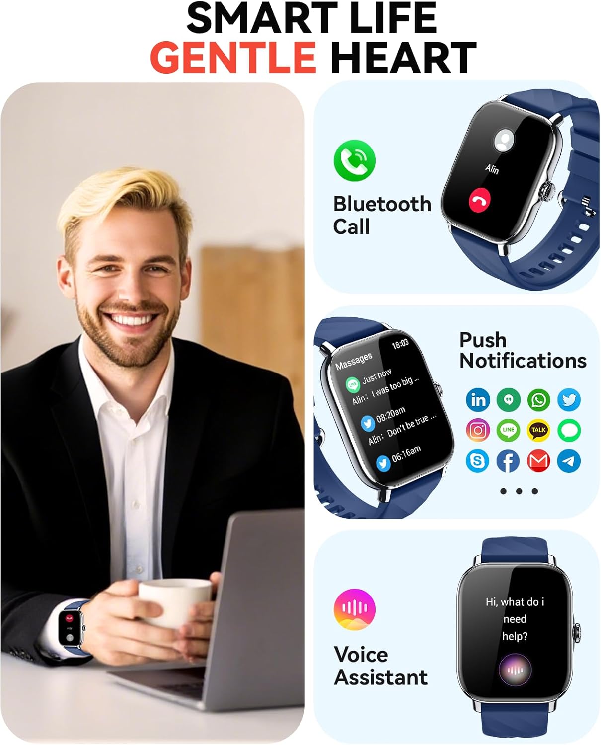 Smart Watches Fitness Tracker for Men Women with Step Counter, Sleep / Calorie Monitor, Pedometer, IP68 Waterproof, 120+ Sports for iPhone Android, 1.91”HD Touchscreen Smartwatch (Casual, Blue, 1.91)