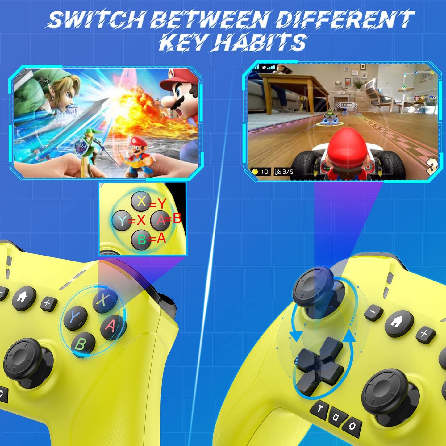 Bluetooth Controller for Switch/Mac/PC/Steam/Mobile Phone/iOS/Android//TV/iPad/Table/Apple Arcade MFi Games, switch pro controller wireless with Adjustable Dual Motion,Turbo,Macros,6-Axis,Wake Up for Black Myth: Wukong (Black) (Purple) (Yellow)