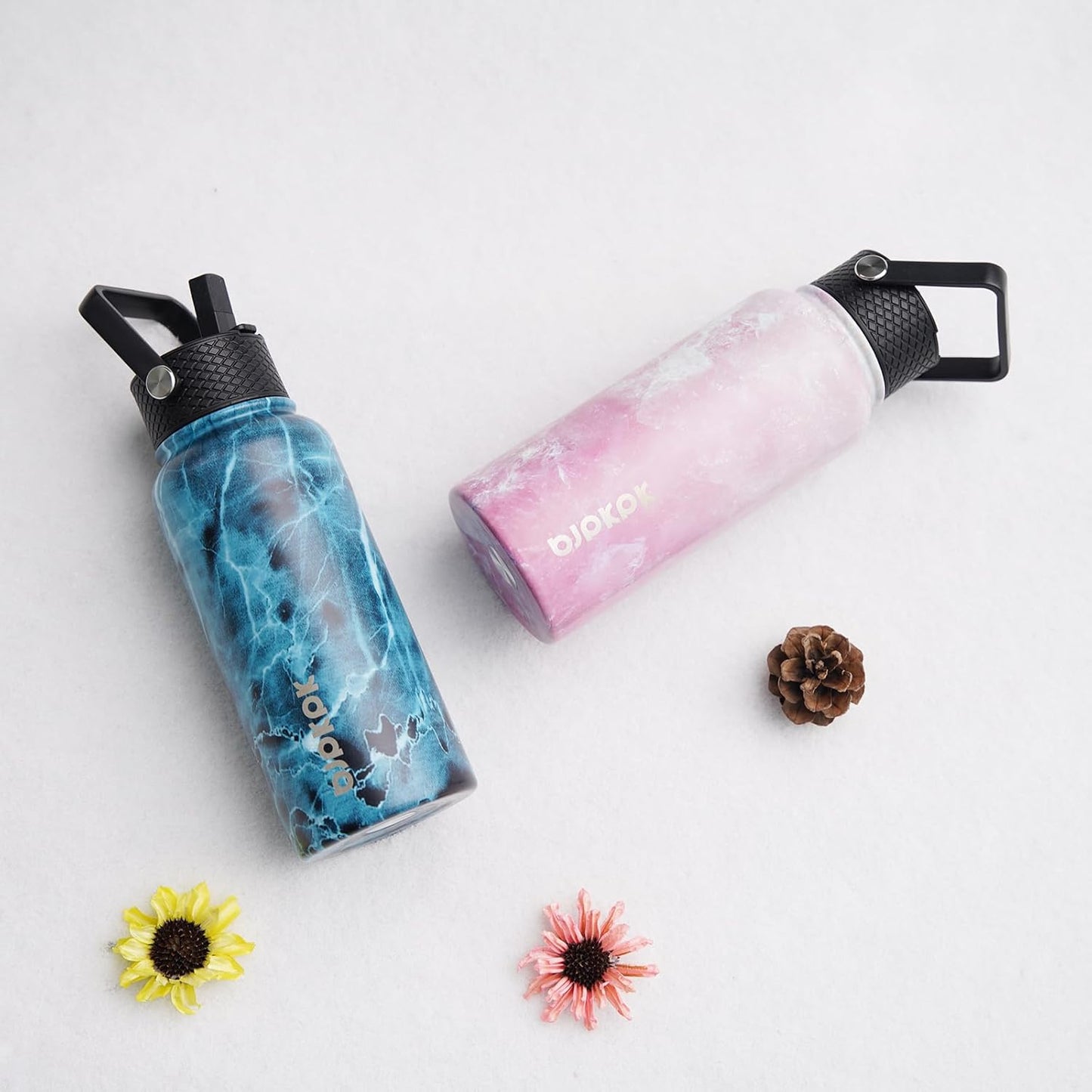 BJPKPK 2 Pack Insulated Water Bottles with Straw Lids, 32oz Stainless Steel Metal Water Bottle with 6 Lids, Leak Proof BPA Free Jugs, Cups, Flasks for Travel, Sports (Cherry+Ocean Dream)