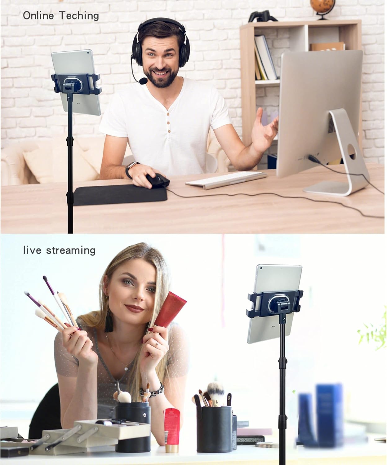 Raking Tablet Floor Stand, Height Adjustable Cellphone Floor Stand with 360°Rotating Tripod Mount, Compatible with iPhone iPad mini/Air/Pro and All 5.5-12.9 Inch Devices