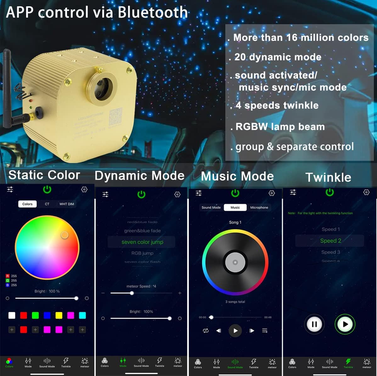 AZIMOM 16W Twinkle Fiber Optic Starlight Box Sound Activated RGBW Fiber Optic Light Source APP/Remote Control Light Engine Driver for Car Home Ceiling Star Lighting Decor