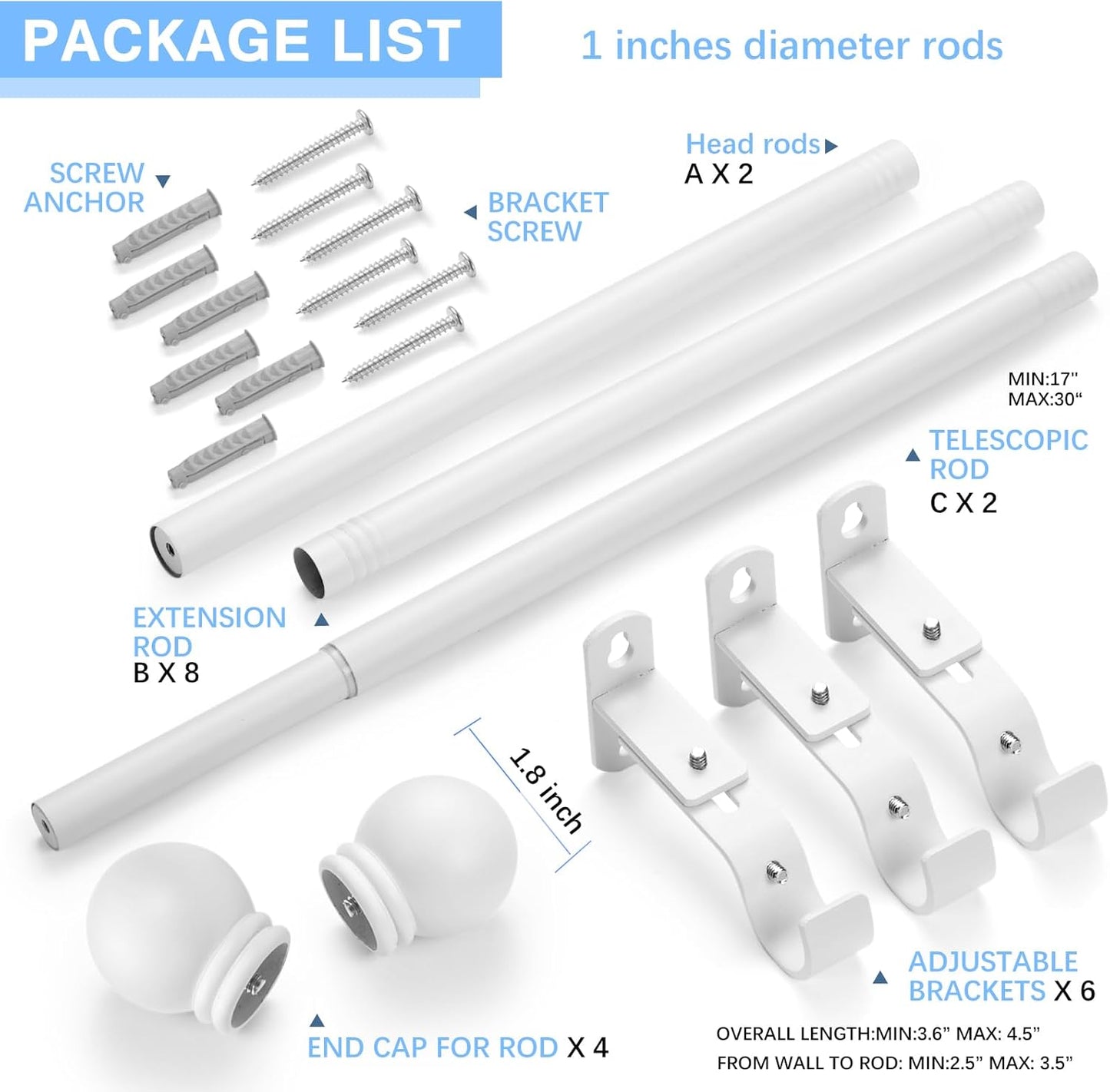 Curtain Rods for Windows 16 to 92 Inches, Curtain Rod Max Adjustable Length of 104 IN, 1" Diameter Drapery Rods Round Finials, White, Pack of 2