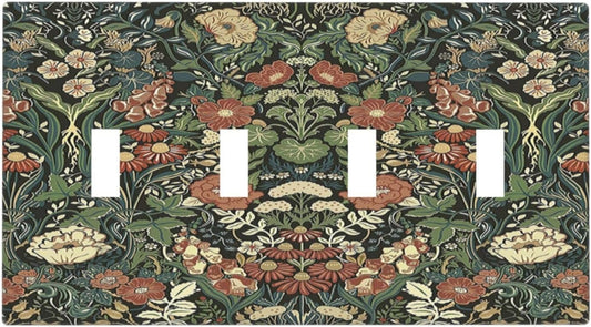 Light Switch Covers Vintage Dark Floral William Morris Green Flower Quad Toggle Electrical Faceplate 4 Gang Wall Plate Decorative Switch Plates for living Room Home Decor