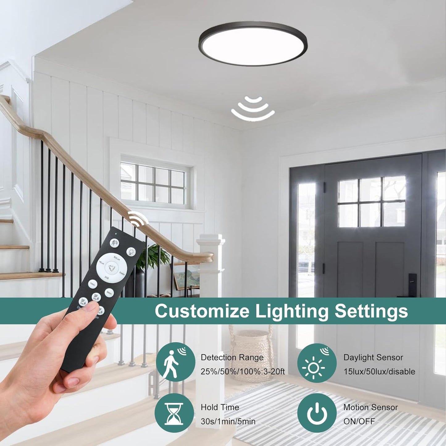 12 Inch Motion Sensor Ceiling Light Indoor Wired, Motion Activated Flush Mount Light Fixture, Motion Sensor Light Indoor for Closet Hallway Porch Laundry Garage Basement, 3000k/4000k/6000k Black