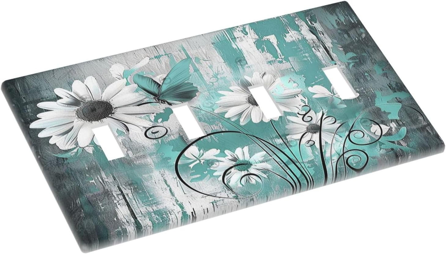 Light Switch Covers Teal Daisy Floral Vintage Wood Plank Quad Toggle Electrical Faceplate 4 Gang Wall Plate Decorative Switch Plates For Farmhouse Cabin Decor