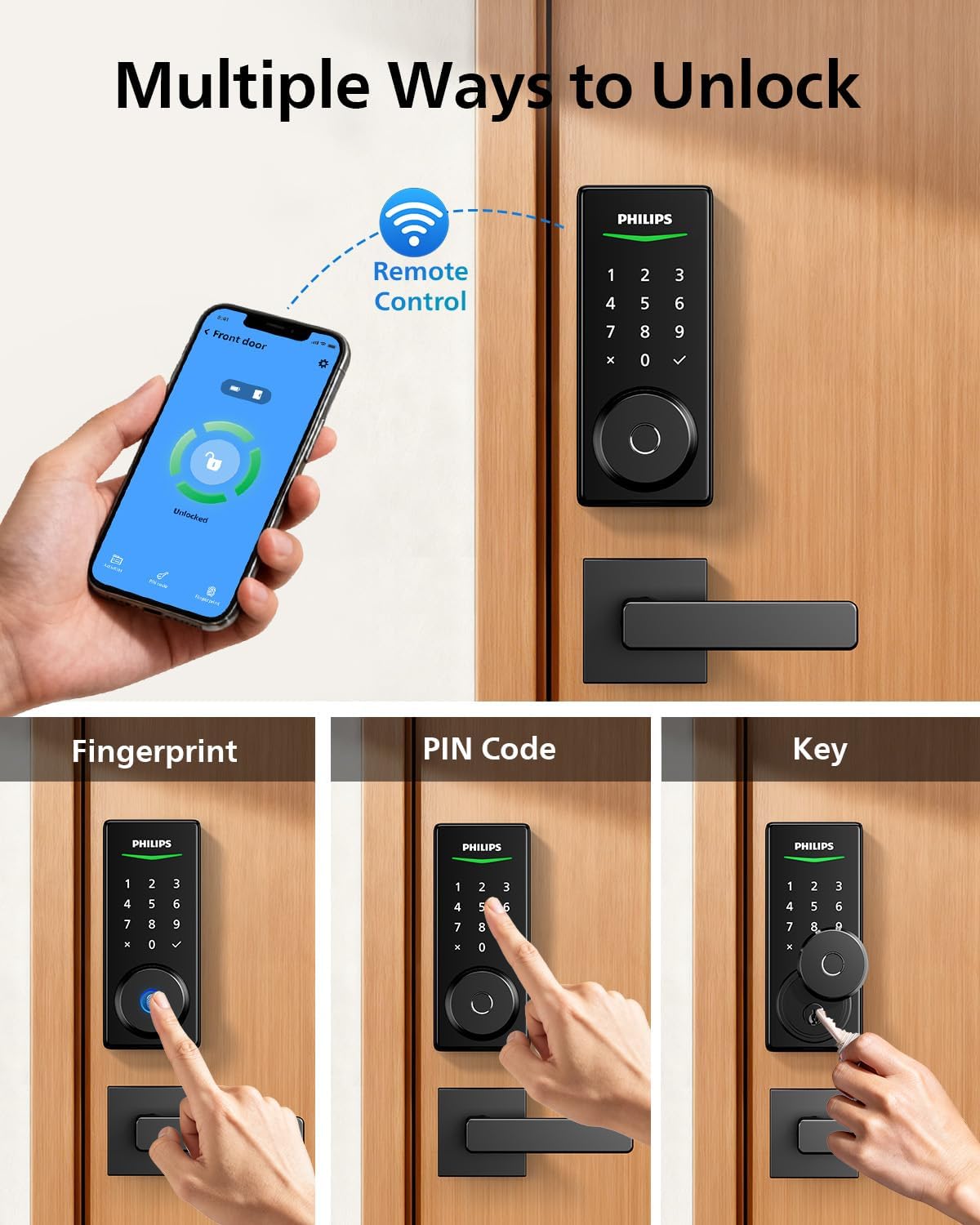 Philips Built-in WiFi Smart Lock, Keyless Entry Door Lock with App, Touchscreen, Indicator Light, Fingerprint Door Lock — Compatible with Alexa & Google, Splash-Proof Design, Includes 8 Batteries
