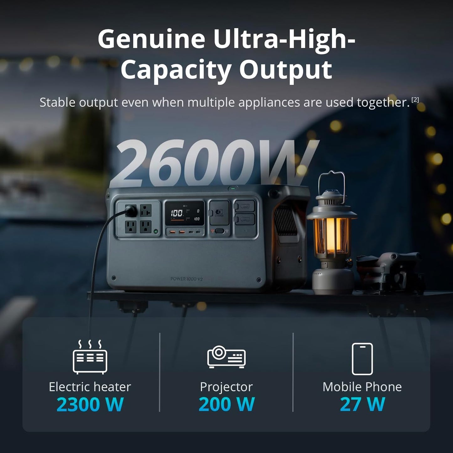 DJI Power 1000 V2 Portable Power Station, 1024Wh LFP Battery, Compact Size, 2600W Stable Output, 0-80% Recharge in 37 Mins, Electric Generator for Home, Camping, RVs, Off-Grid