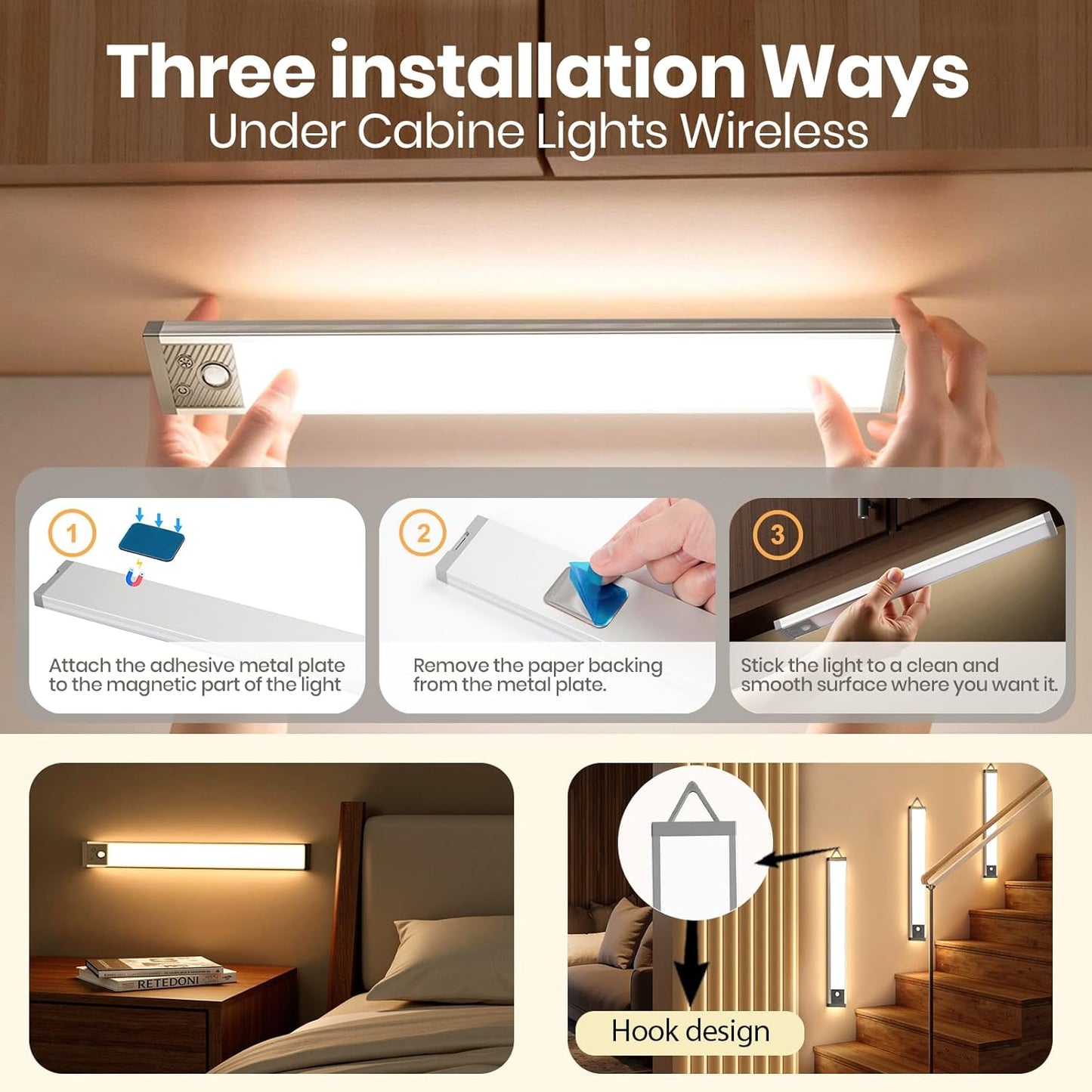 Under Cabinet Lighting 13.5Inch, 3200mAh Under Cabinet Lights Motion Sensor 3 Color, Rechargeable 118LED Magnetic Light Bar Indoor,Wireless Battery Operated Closet Lights for Kitchen Home Stairs,2Pack