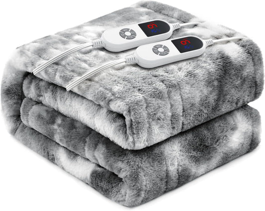 Electric Heated Blanket 84"x90",Luxury Grey Faux Fur Electric Queen Blanket,Fast Heating Soft Fluffy Thick Electric Blanket with 6 Heating Levels & 12H Auto Off